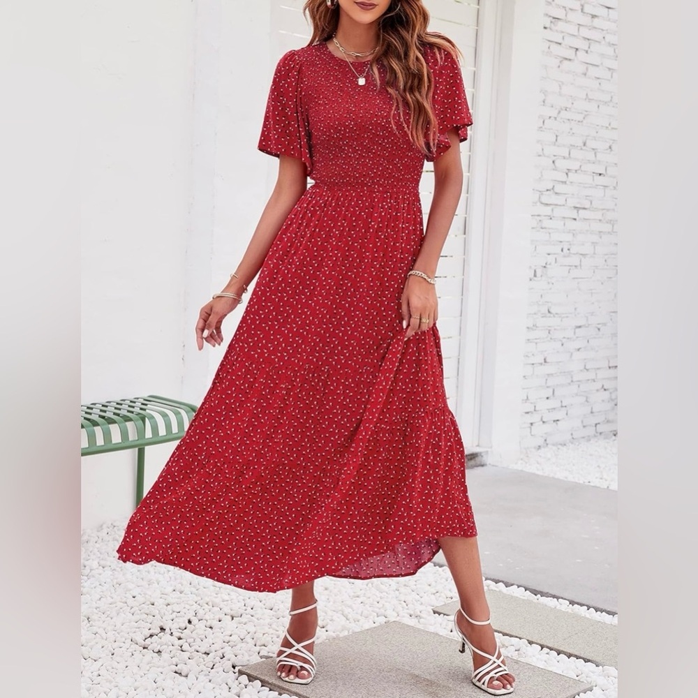 NWT ZESICA Floral Flutter Sleeve High Waist Flowy Maxi Dress - Size: M - Red